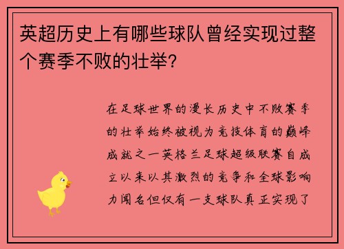 英超历史上有哪些球队曾经实现过整个赛季不败的壮举？